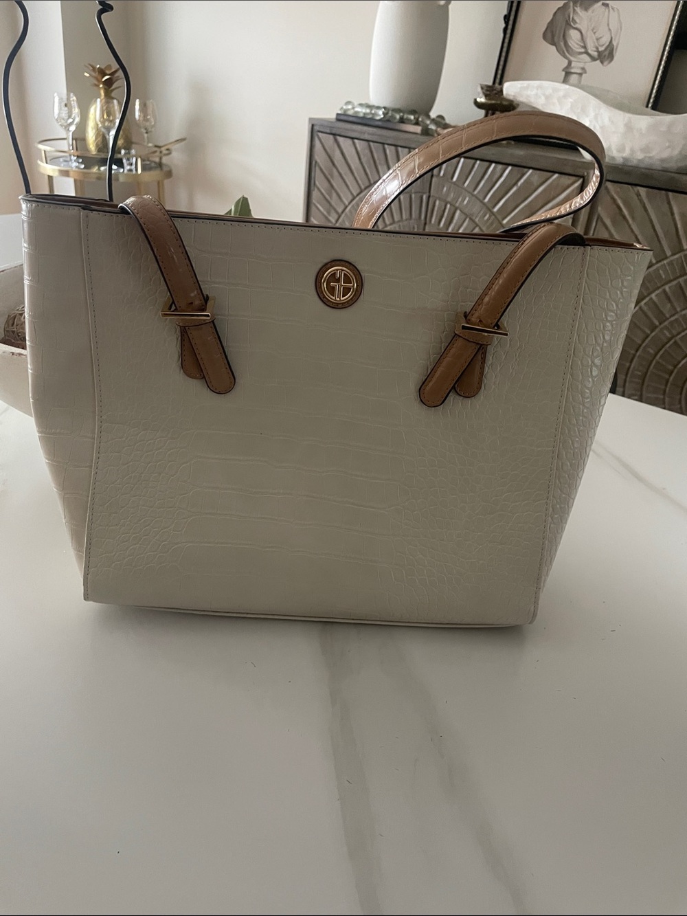 Giani Bernini Cream Croc-Embossed Tote with Tan Trim